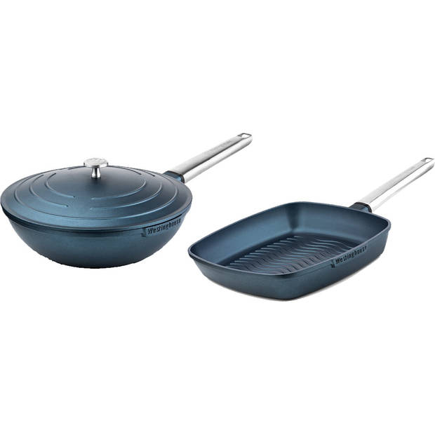 Westinghouse Pannenset Performance (Wokpan + Grillpan) ø 28 cm - Blauw - Inductie en alle andere warmtebronnen