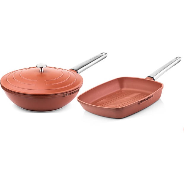 Westinghouse Pannenset Performance (Wokpan + Grillpan) ø 28 cm - Rood - Inductie en alle andere warmtebronnen