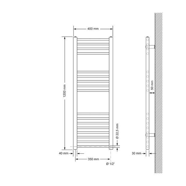 Elektrische badkamerradiator met verwarmingselement 1200W 400x1200 mm antraciet recht met zijaansluiting LuxeBath