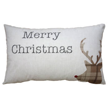 Clayre & Eef Kussenhoes 30x50 cm Beige Bruin Polyester Hert Merry Christmas Sierkussenhoes Beige Sierkussenhoes