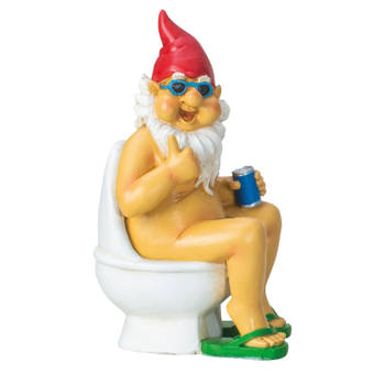 Tuinkabouter beeld Happy Nudist - Polystone - Op het toilet - 15 x 25 cm - Tuinbeelden