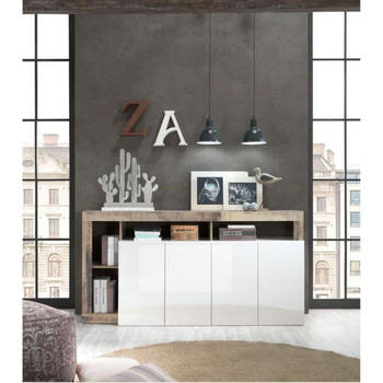MAESTRO dressoir - Spaanplaat - Vintage houteffect en wit gelakt - 4 deuren - B 184 x D 42 x H 93 cm