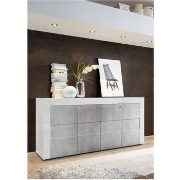 Dressoir - Glanzend wit gelakt en mat betoneffect - Eigentijdse stijl - 4 deuren - GENOVA - L 180 x D 41 x H 83 cm