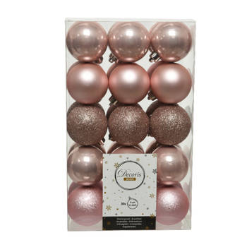 30x stuks kunststof kerstballen lichtroze (blush) 6 cm glans/mat/glitter - Kerstbal