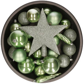 Set van 33x stuks kunststof kerstballen met ster piek salie groen mix - Kerstbal