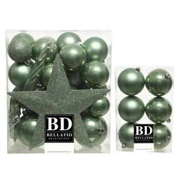 39x stuks kunststof kerstballen met ster piek salie groen mix - Kerstbal