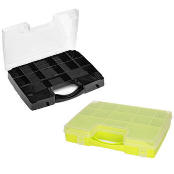 Forte Plastics - 4x Opberg vakjes doos/Sorteerbox - 13-vaks kunststof - 27 x 20 x 3 cm - zwart/groen - Opbergbox