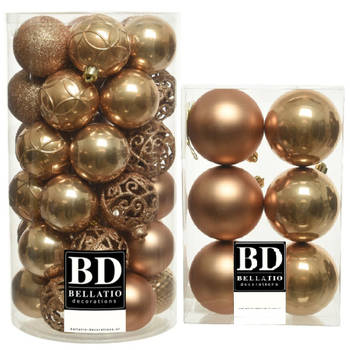 43x stuks kunststof kerstballen camel bruin 6 en 8 cm glans/mat/glitter mix - Kerstbal