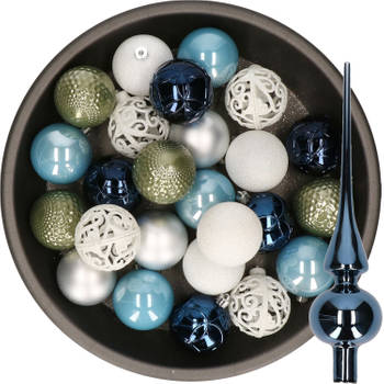 37x stuks kunststof kerstballen 6 cm incl. glazen piek blauw-wit-zilver-groen - Kerstbal