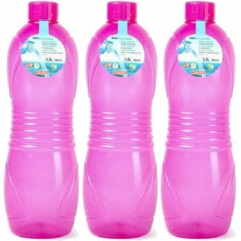 Plasticforte Drinkfles/waterfles/bidon - 3x - 1500 ml - transparant/roze - kunststof - Drinkflessen