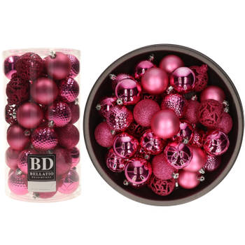 74x stuks kunststof kerstballen fuchsia roze 6 cm glans/mat/glitter mix - Kerstbal
