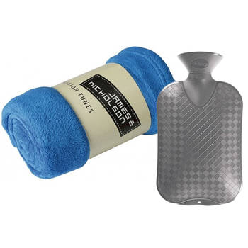 Fleece deken/plaid - blauw - 120 x 160 cm - kruik - 2 liter - Plaids