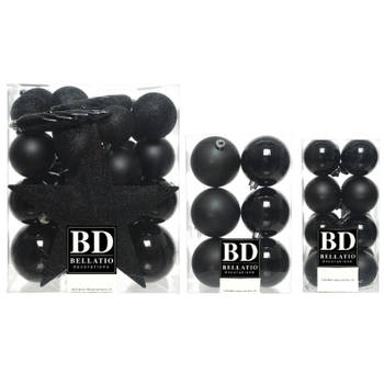 55x stuks kunststof kerstballen met ster piek zwart mix - Kerstbal