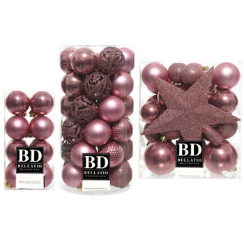 55x stuks kunststof kerstballen met ster piek oudroze (velvet pink) mix - Kerstbal