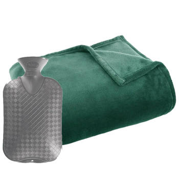 Fleece deken/plaid groen 125 x 150 cm en een warmwater kruik 2 liter - Plaids