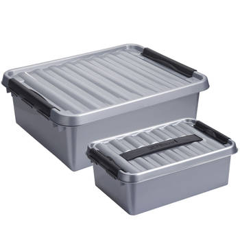 Opberg boxen set 2x stuks 12 en 25 liter kunststof grijs met deksel - Opbergbox