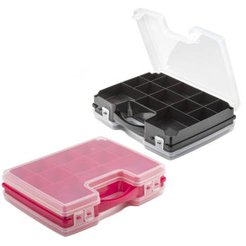 Forte Plastics - 4x Opberg vakjes doos/Sorteerbox - 21-vaks kunststof - 28 x 21 x 6 cm - zwart/roze - Opbergbox