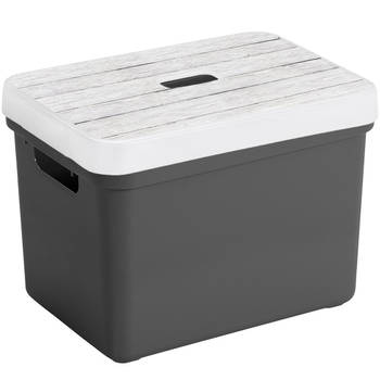 Sunware Opbergbox/mand - antraciet - 18 liter - met deksel hout kleur - Opbergbox