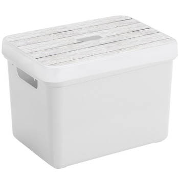 Sunware Opbergbox/mand - wit - 18 liter - met deksel hout kleur - Opbergbox