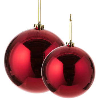 Grote kerstballen 2x stuks rood 15 en 20 cm kunststof - Kerstbal