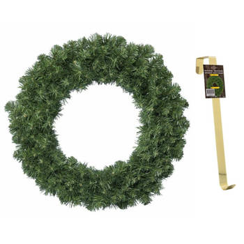 Groene kerstkrans / dennenkrans 60 cm met 200 takken kerstversiering en met gouden hanger - Kerstkransen