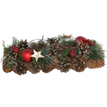 Kerst thema kaarsenhouder ornament red/green nature 30 x 15 x 8 cm - Waxinelichtjeshouders