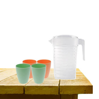 Set van 1x waterkan 1 liter met drinkbekers 2x groen en 2x oranje - Schenkkannen