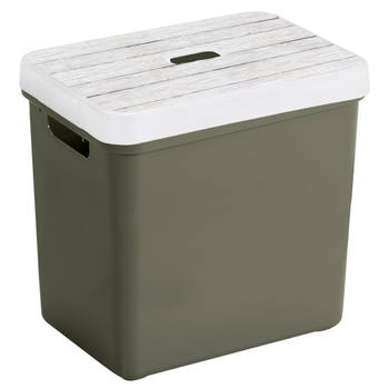 Sunware Opbergbox/mand - donkergroen - 25 liter - met deksel hout kleur - Opbergbox