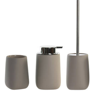 Toiletborstel in houder 41 cm met zeeppompje 14 cm taupe/beige - Badkameraccessoireset