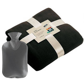 Fleece deken/plaid Zwart 130 x 170 cm en een warmwater kruik 2 liter - Plaids