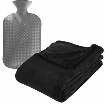 Fleece deken/plaid Zwart 130 x 180 cm en een warmwater kruik 2 liter - Plaids