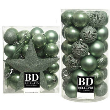 70x stuks kunststof kerstballen met ster piek salie groen mix - Kerstbal