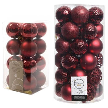 53x stuks kunststof kerstballen donkerrood (oxblood) 4 en 6 cm glans/mat/glitter mix - Kerstbal