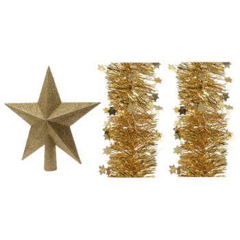 Set van een kerst ster piek en 2x stuks kerstslingers goud 270 x 10 cm - kerstboompieken