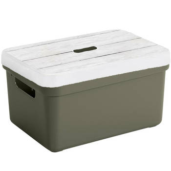 Sunware Opbergbox/mand - donkergroen - 5 liter - met deksel hout kleur - Opbergbox