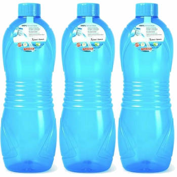 Plasticforte Drinkfles/waterfles/bidon - 3x - 1000 ml - transparant/blauw - kunststof - Drinkflessen