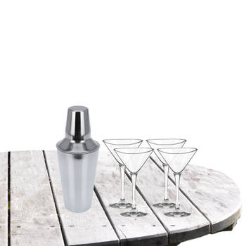 Cocktailshaker met 4x Cocktailglazen Martini transparant 250 ml - Cocktailglazen