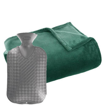 Fleece deken/plaid Groen 130 x 180 cm en een warmwater kruik 2 liter - Plaids