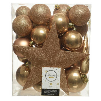33x Kunststof kerstballen mix camel bruin 5-6-8 cm kerstboom versiering/decoratie - Kerstbal