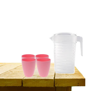 Set van 1x waterkan 1 liter met 4x drinkbekers kunststof roze - Schenkkannen