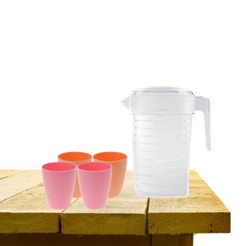 Set van 1x waterkan 1 liter met drinkbekers 2x roze en 2x oranje - Schenkkannen