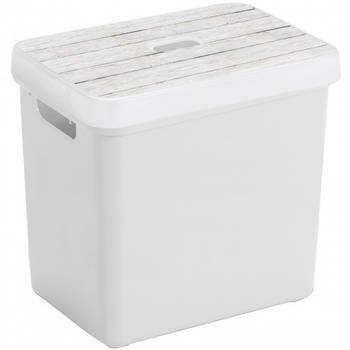 Sunware Opbergbox/mand - wit - 25 liter - met deksel hout kleur - Opbergbox