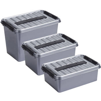 Opberg boxen set 3x stuks 9/6/4 liter kunststof grijs met deksel - Opbergbox