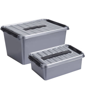 Opberg boxen set 2x stuks 12 en 22 liter kunststof grijs met deksel - Opbergbox