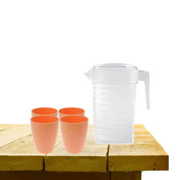 Set van 1x waterkan 1 liter met 4x drinkbekers kunststof oranje - Schenkkannen