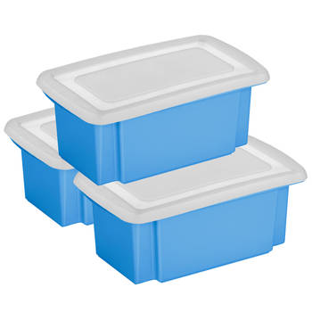 Sunware 3x opslagbox kunststof 7 liter blauw 38 x 21 x 14 cm met deksel - Opbergbox