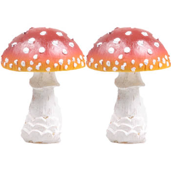 Decoratie huis/tuin beeldje paddenstoel - 2x - vliegenzwam - rood/wit - 8 x 10 cm - Tuinbeelden