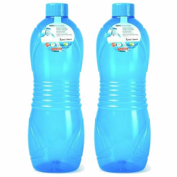 Plasticforte Drinkfles/waterfles/bidon - 2x - 1000 ml - transparant/blauw - kunststof - Drinkflessen