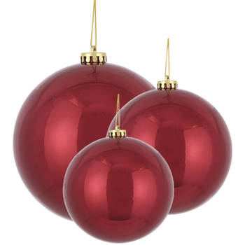 Grote kerstballen 3x stuks donkerrood 15, 20 en 25 cm kunststof - Kerstbal