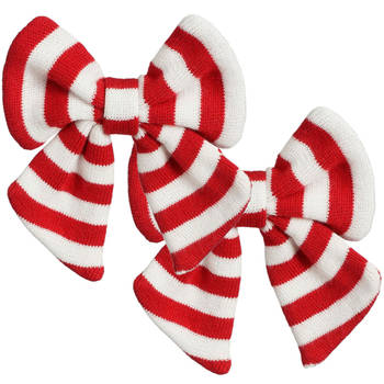 House of Seasons kerstdecoratie strikken- 2x - rood/wit - 14 cm - Kersthangers